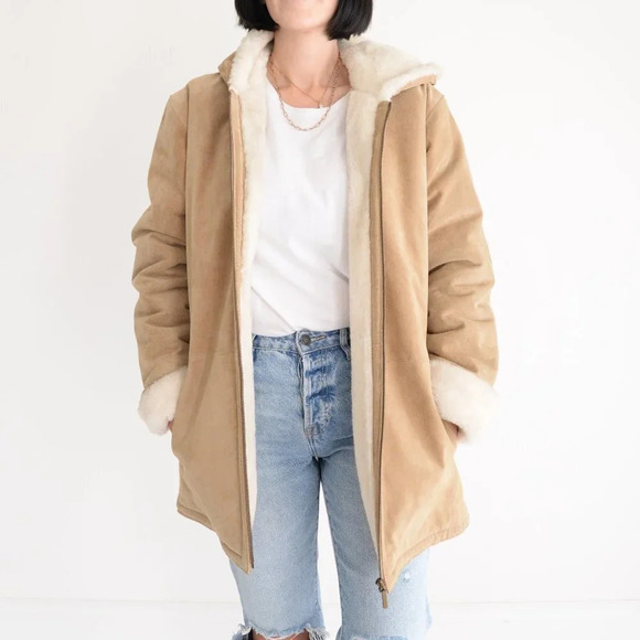 St. John Bay Beige Washable  Suede Aviator Jacket with Hood SM - Picture 3 of 16